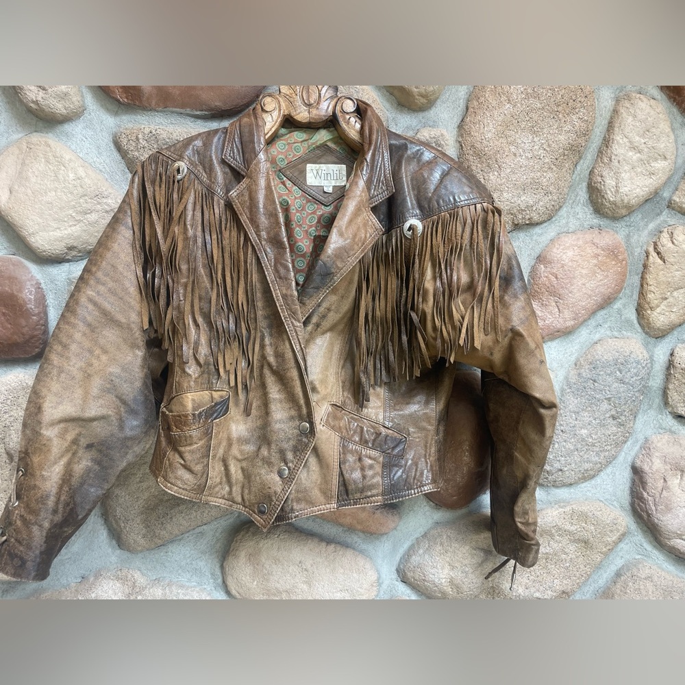 ViNTaGe WINLIT Brown Soft Leather fringed Crop Jacket Conchos Cowgirl Boho L